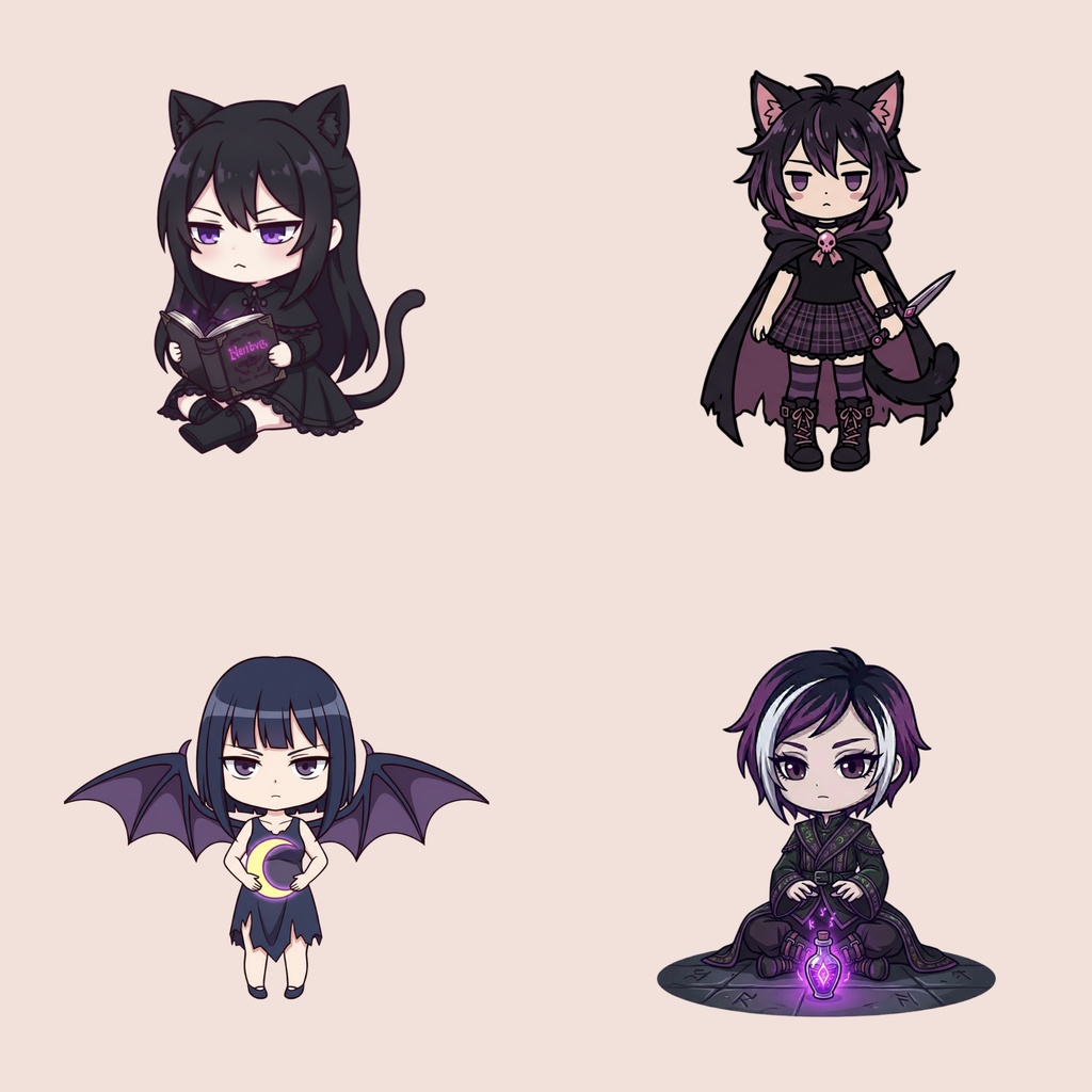 ダークゴシック・ちびキャラ クリップアート15点セット - 背景透過PNG、大人可愛いアニメ風ゴス系、ジャーナル用デジタルステッカー、商用利用可