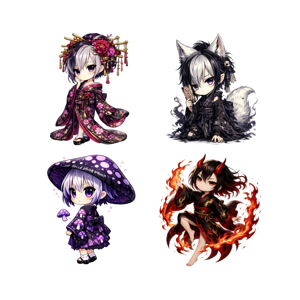 【背景透過PNG】和風ダークゴシック・妖怪ちびキャラ 15点セット(商用利用OK・デジタル素材)