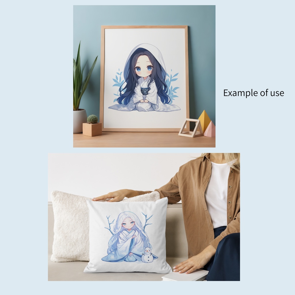 【背景透過PNG】神秘的な雪女・氷の精霊ちびイラスト 8点セット(商用利用OK・デジタル素材)