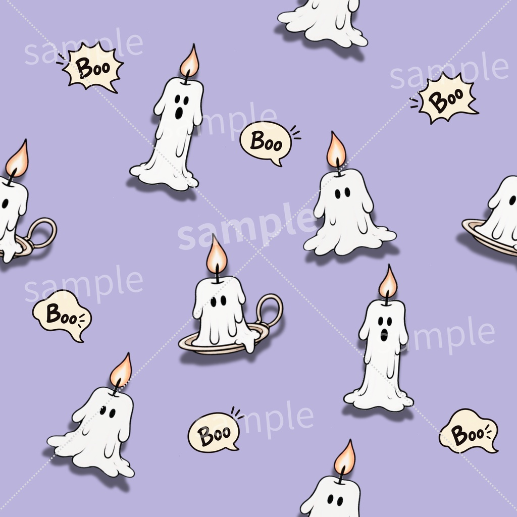 【大柄・小柄2柄セット】ハロウィン｜おばけキャンドル・Boo!｜パープル｜シームレスデジタルペーパー