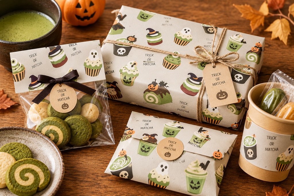 ハロウィン デザインペーパー|ハロウィン デジタルペーパー|抹茶スイーツ・カップケーキ|シームレス・大柄小柄2種・A4印刷対応