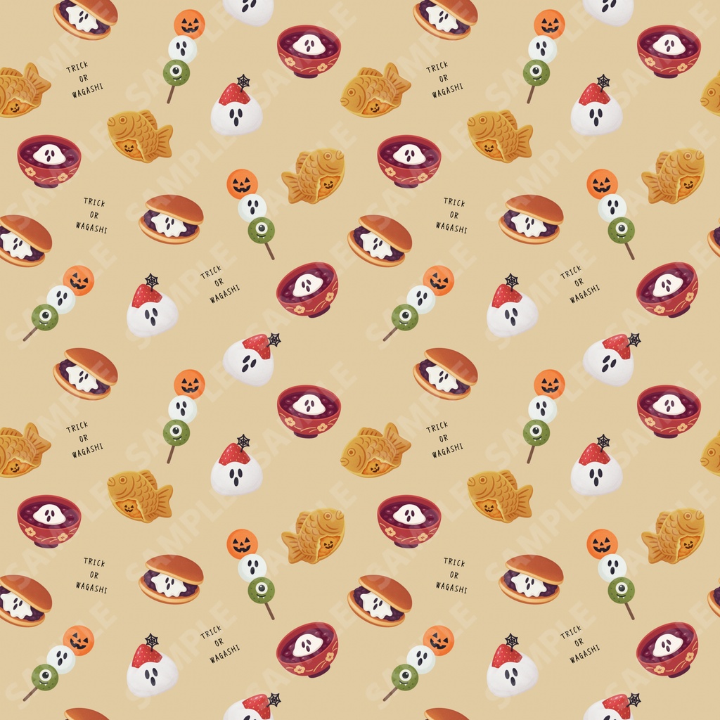 【2柄セット】ハロウィン配信背景・サムネ素材|ほっこり和菓子とおばけのシームレスパターン(お菓子・和風)