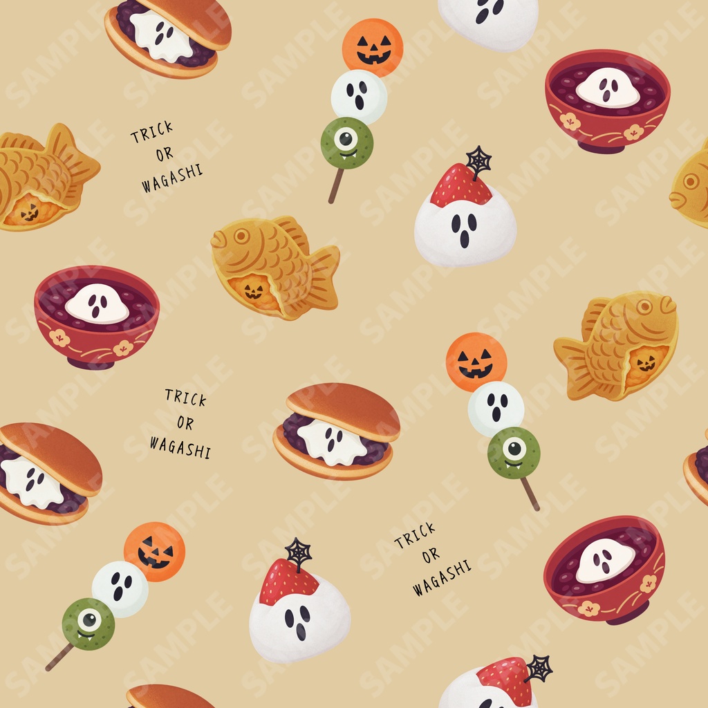 【2柄セット】ハロウィン配信背景・サムネ素材|ほっこり和菓子とおばけのシームレスパターン(お菓子・和風)