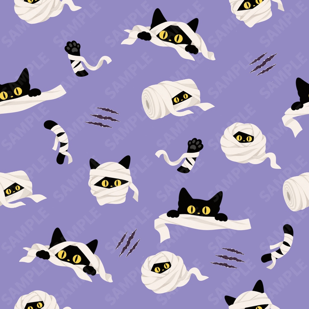 【2柄セット】ハロウィン配信背景・サムネ素材｜ミイラ猫と包帯のシームレスパターン（紫・ねこ柄）