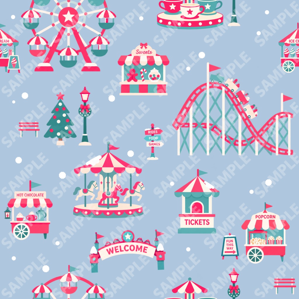 クリスマス デジタルペーパー|遊園地・観覧車柄 3色セット|カード&チケット付き