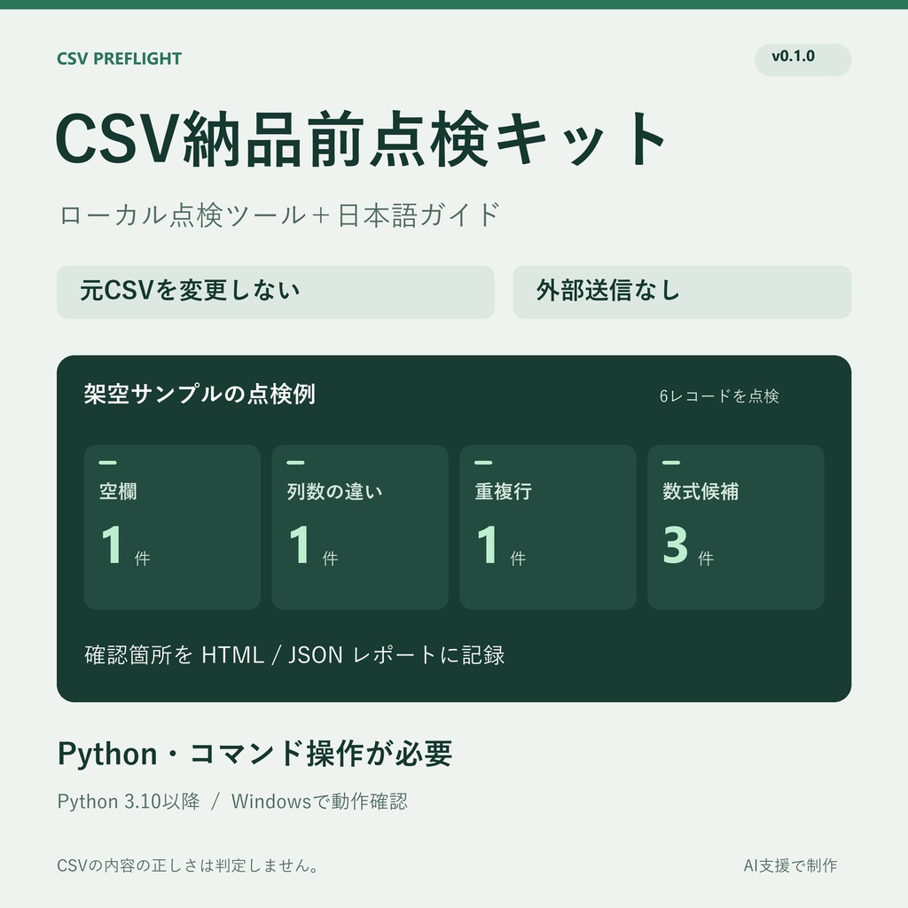 CSV納品前点検キット｜ローカル点検ツール＋日本語ガイド