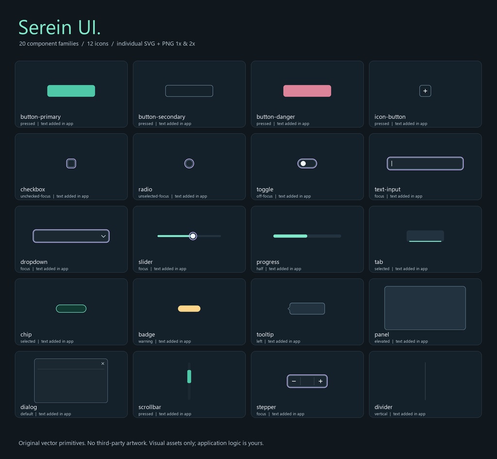 Serein UI｜個別SVG・透過PNGのミニマルUI状態セット