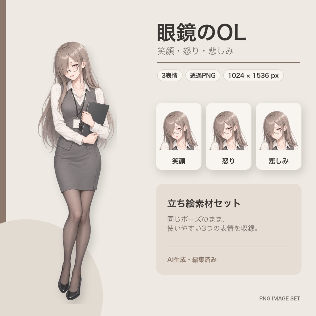 【AI生成・編集済み】眼鏡のOL｜立ち絵・笑顔／怒り／悲しみ3表情【商用利用可】