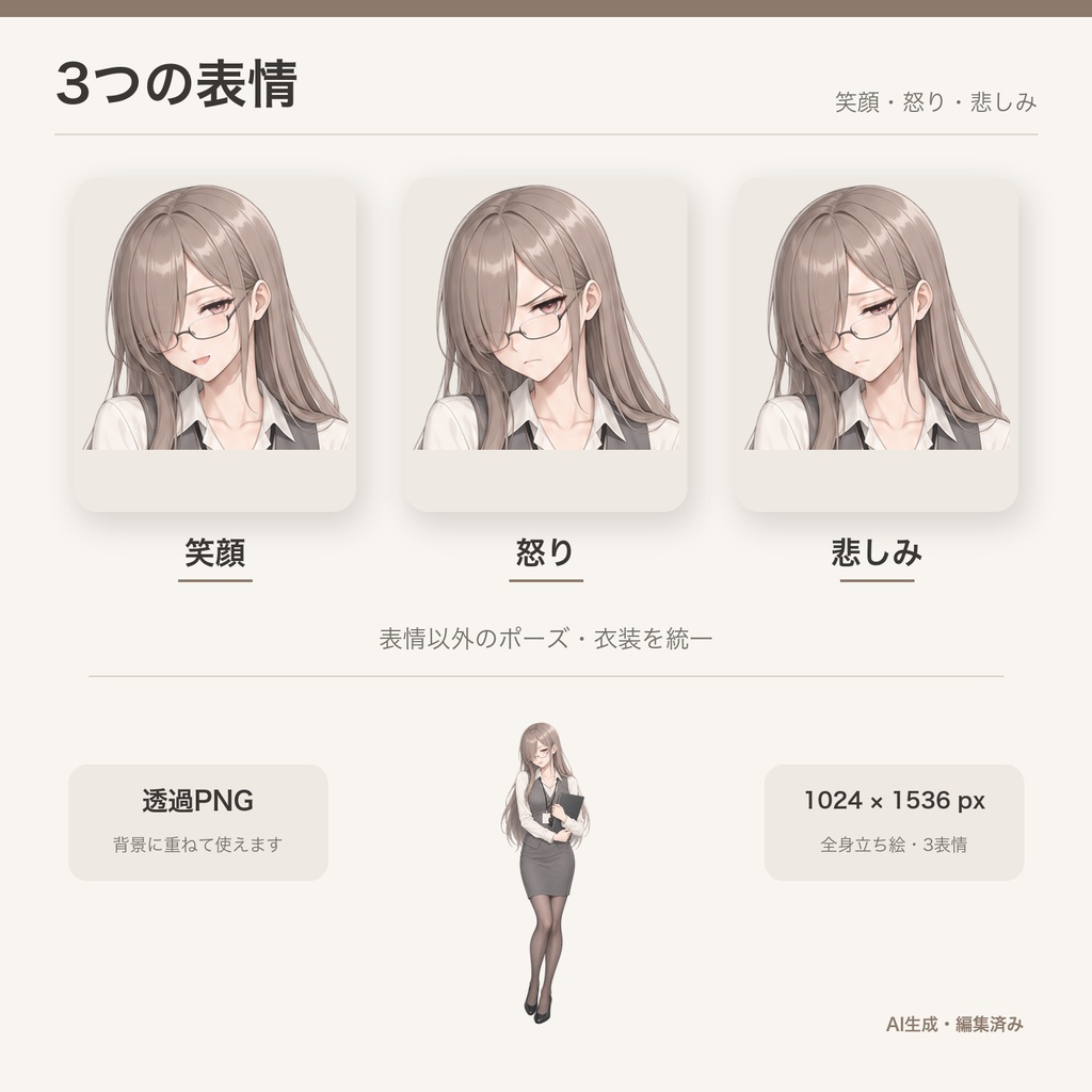 【AI生成・編集済み】眼鏡のOL|立ち絵・笑顔/怒り/悲しみ3表情【商用利用可】