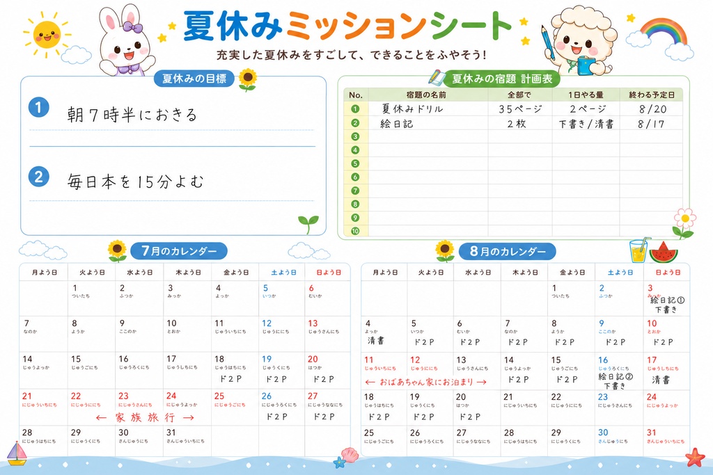 🌷ほめほめフレンズ版_夏休みミッションシート_2枚セット_PDF🌷