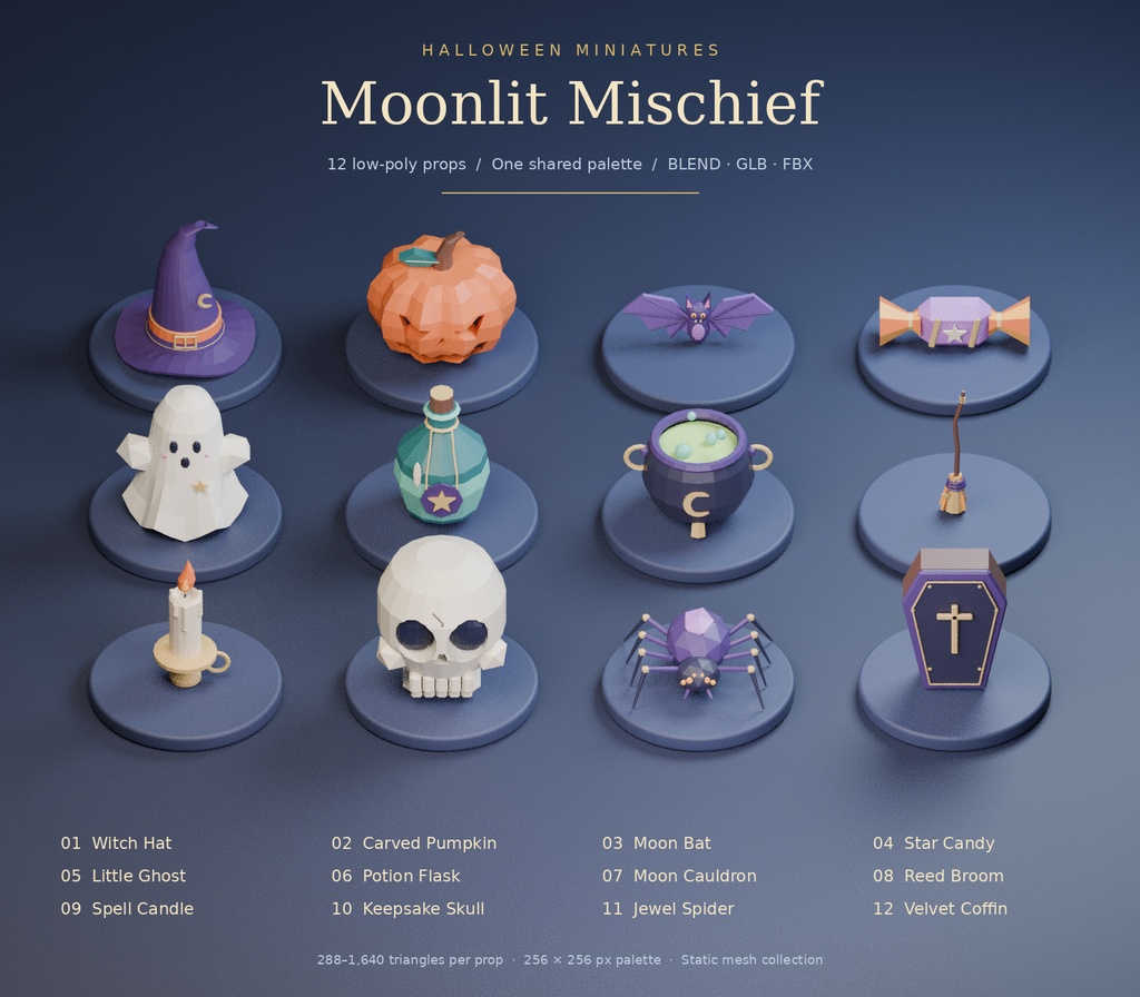 【ローポリ3Dモデル12点】ハロウィン小物セット Moonlit Mischief｜BLEND・FBX・GLB同梱