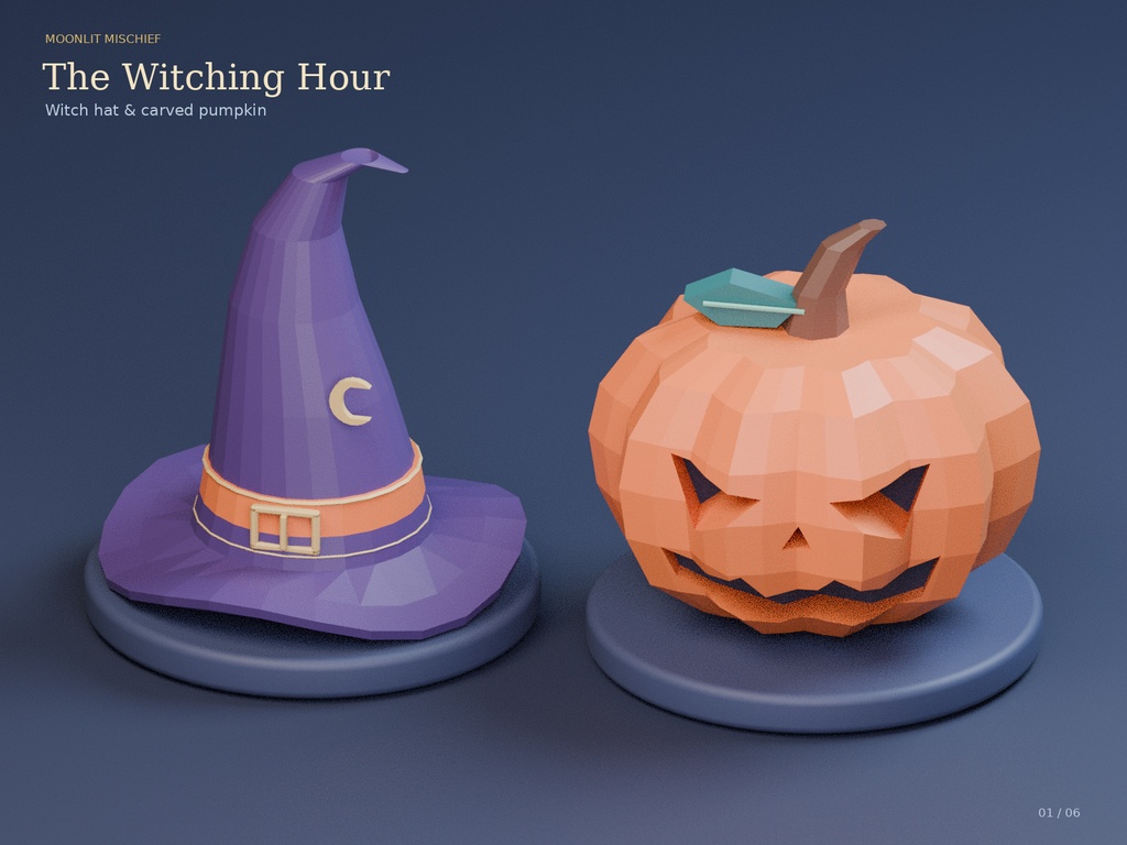【ローポリ3Dモデル12点】ハロウィン小物セット Moonlit Mischief|BLEND・FBX・GLB同梱