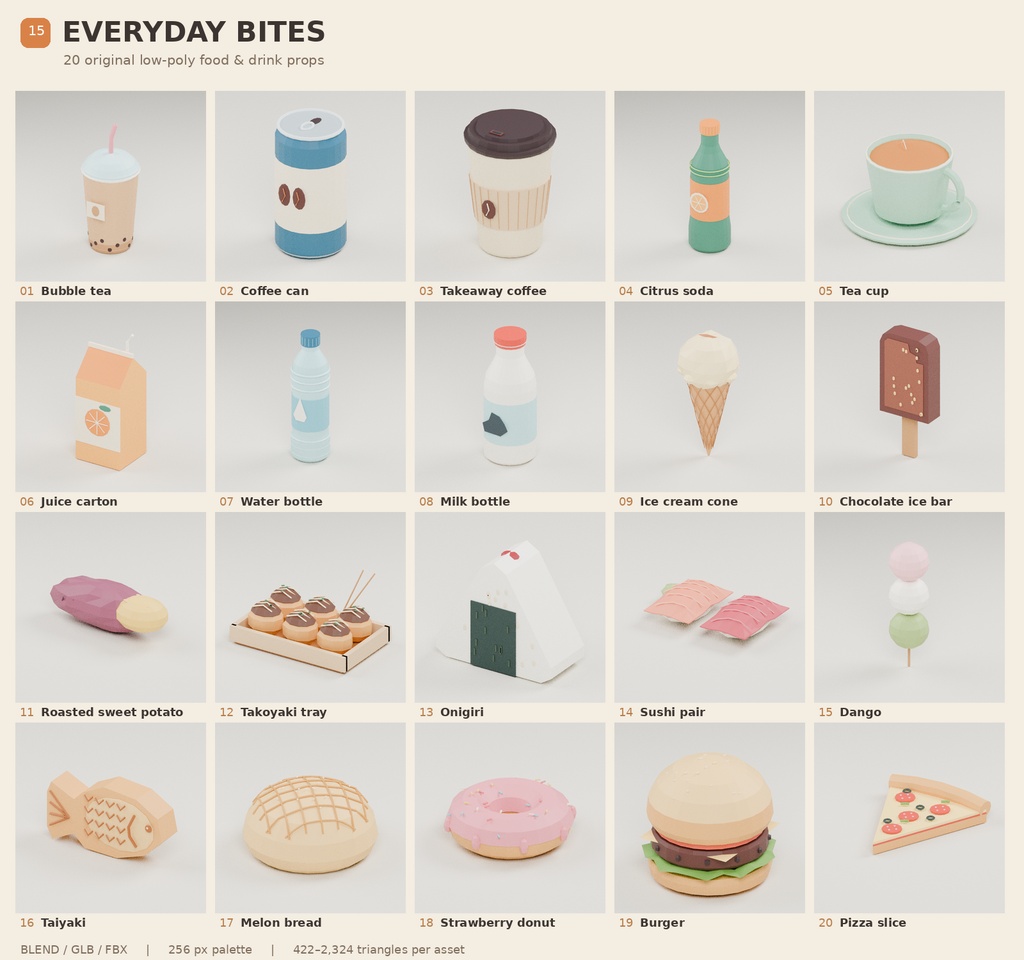 【ローポリ3Dモデル20点】手持ちドリンク・フード20種セット Everyday Bites｜BLEND・FBX・GLB同梱