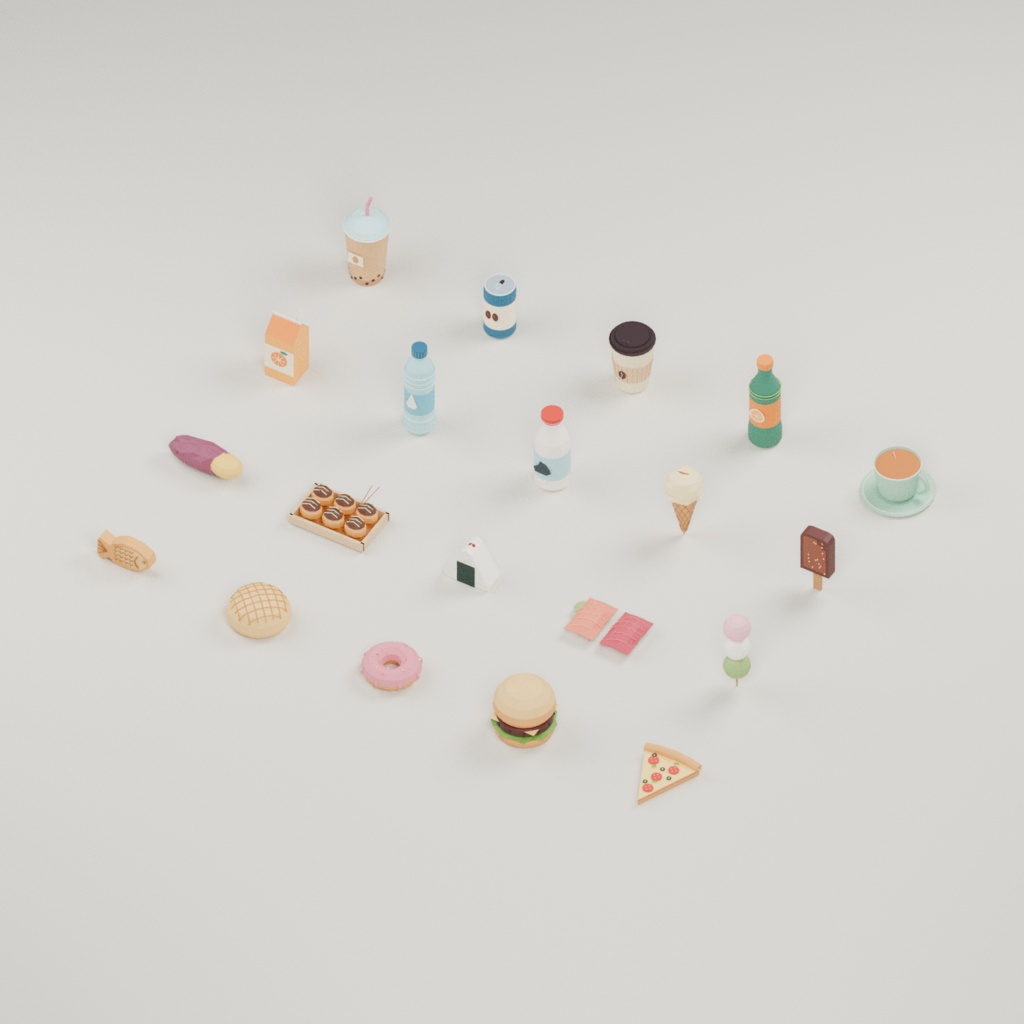 【ローポリ3Dモデル20点】手持ちドリンク・フード20種セット Everyday Bites|BLEND・FBX・GLB同梱