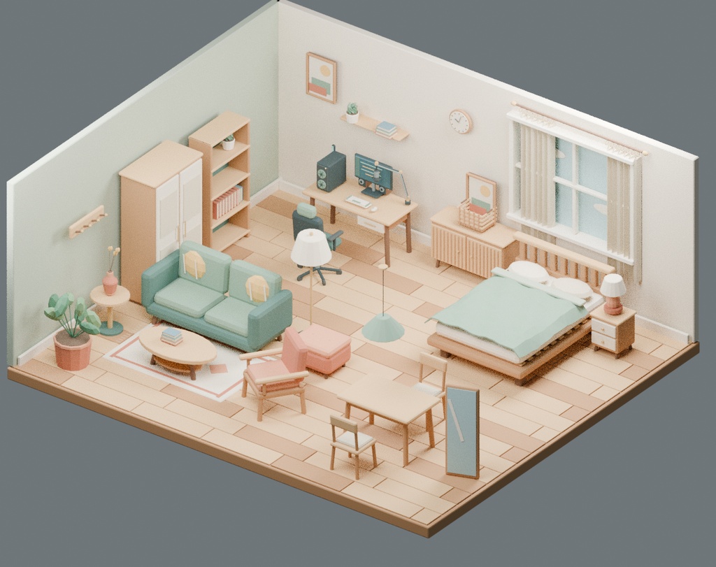 【ローポリ3Dモデル40点】ワンルーム家具・配信デスク小物セット KOMOREBI Room40|BLEND・FBX・GLB同梱