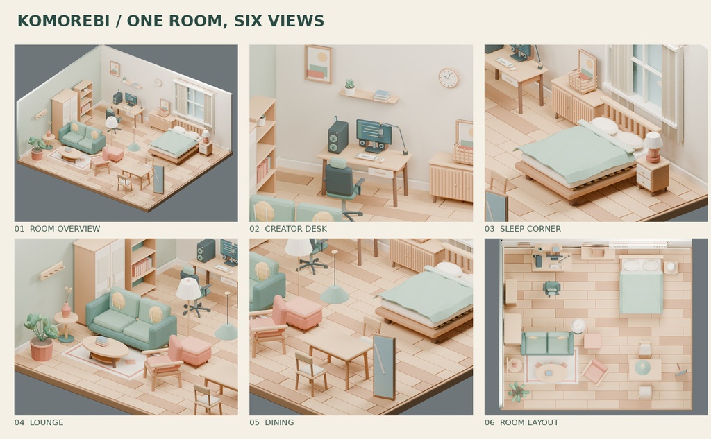 【ローポリ3Dモデル40点】ワンルーム家具・配信デスク小物セット KOMOREBI Room40|BLEND・FBX・GLB同梱