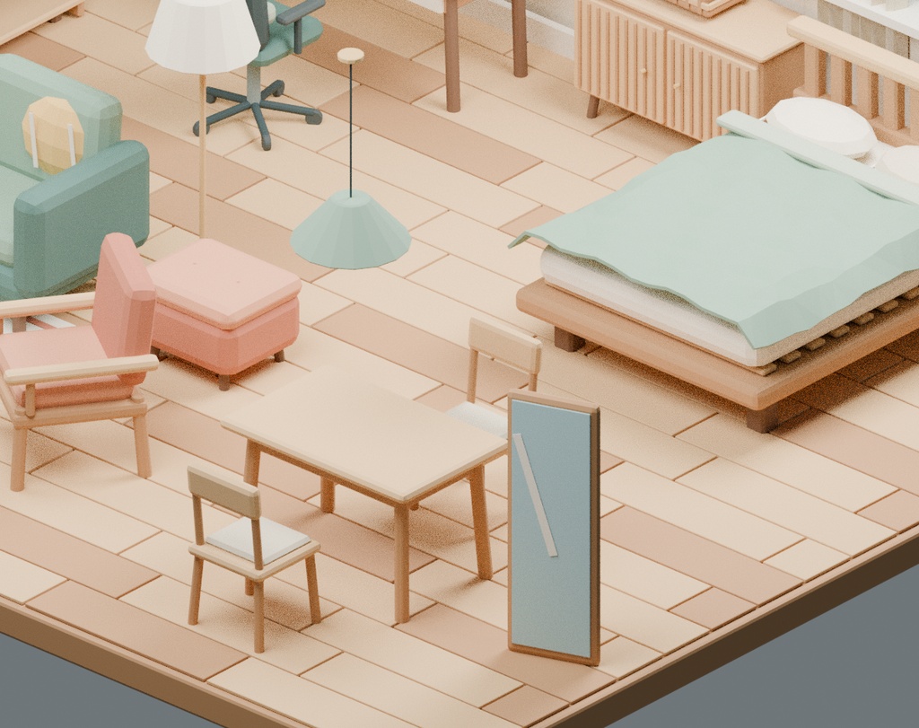 【ローポリ3Dモデル40点】ワンルーム家具・配信デスク小物セット KOMOREBI Room40|BLEND・FBX・GLB同梱