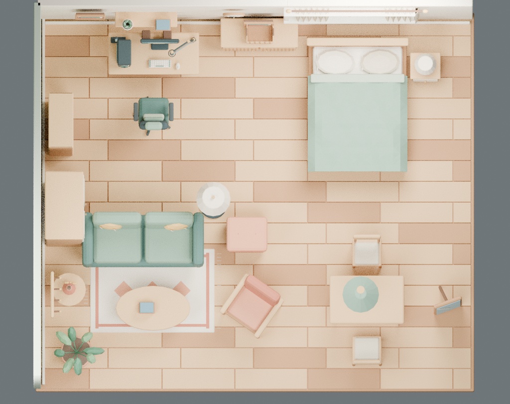 【ローポリ3Dモデル40点】ワンルーム家具・配信デスク小物セット KOMOREBI Room40|BLEND・FBX・GLB同梱