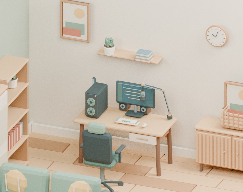 【ローポリ3Dモデル40点】ワンルーム家具・配信デスク小物セット KOMOREBI Room40|BLEND・FBX・GLB同梱
