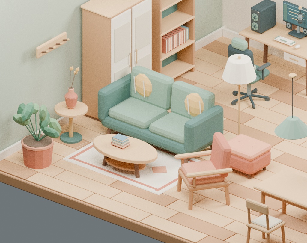 【ローポリ3Dモデル40点】ワンルーム家具・配信デスク小物セット KOMOREBI Room40|BLEND・FBX・GLB同梱