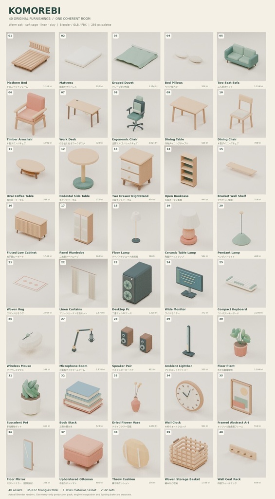 【ローポリ3Dモデル40点】ワンルーム家具・配信デスク小物セット KOMOREBI Room40｜BLEND・FBX・GLB同梱