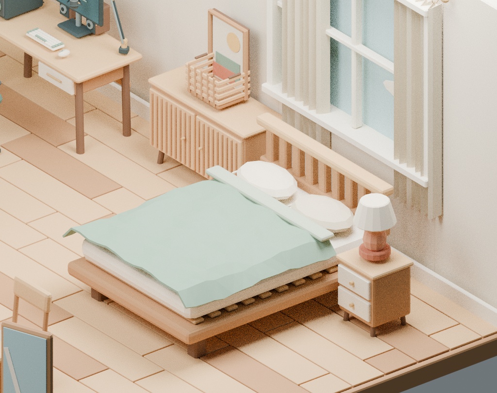 【ローポリ3Dモデル40点】ワンルーム家具・配信デスク小物セット KOMOREBI Room40|BLEND・FBX・GLB同梱