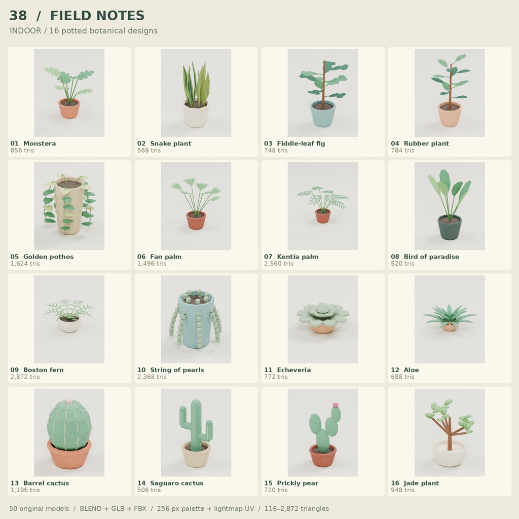 【ローポリ3Dモデル50点】観葉植物・花・樹木・草花セット FIELD NOTES Botanical 50|BLEND・FBX・GLB同梱