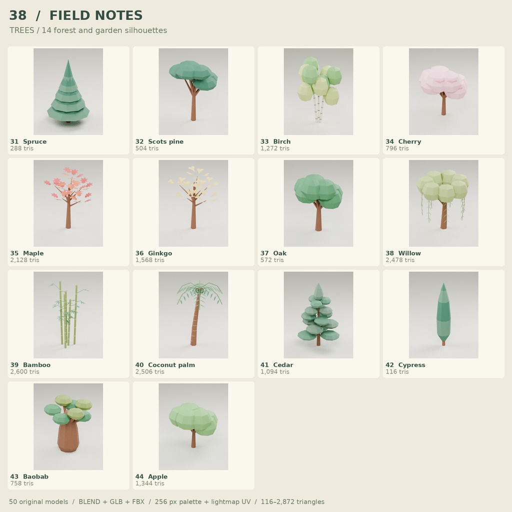 【ローポリ3Dモデル50点】観葉植物・花・樹木・草花セット FIELD NOTES Botanical 50|BLEND・FBX・GLB同梱