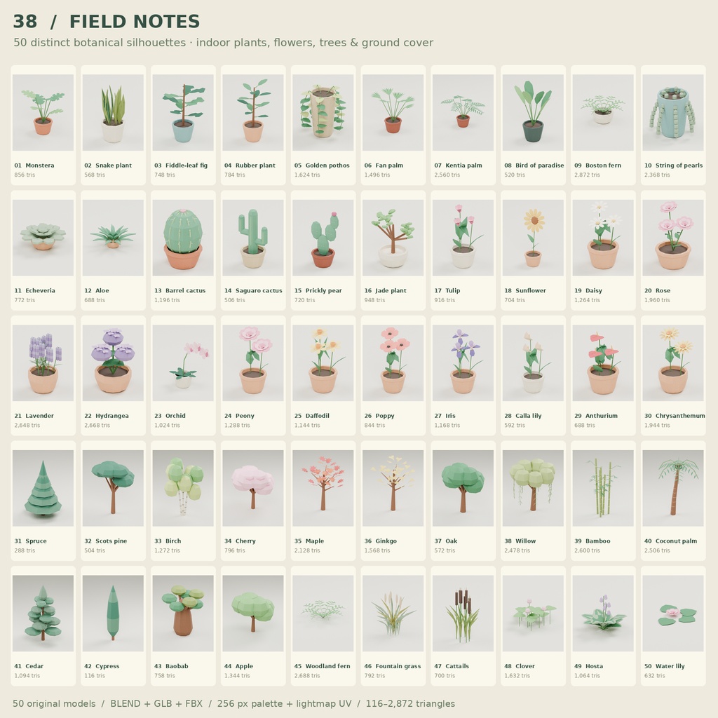 【ローポリ3Dモデル50点】観葉植物・花・樹木・草花セット FIELD NOTES Botanical 50｜BLEND・FBX・GLB同梱
