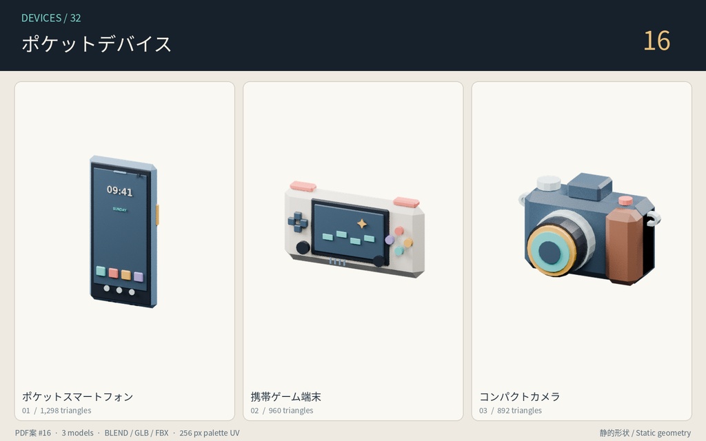 【ローポリ3Dモデル32点】腕時計・スマホ・ヘッドホン・楽器・ネームプレート・頭上ステータスアイコン Devices32|BLEND・FBX・GLB同梱