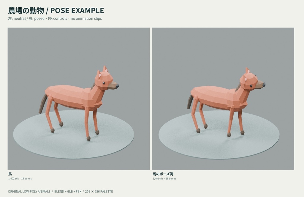 【ローポリ3Dモデル35点・リグ付き】日本の動物20種+農場の動物15種 Animals 35 Rigged|BLEND・FBX・GLB同梱