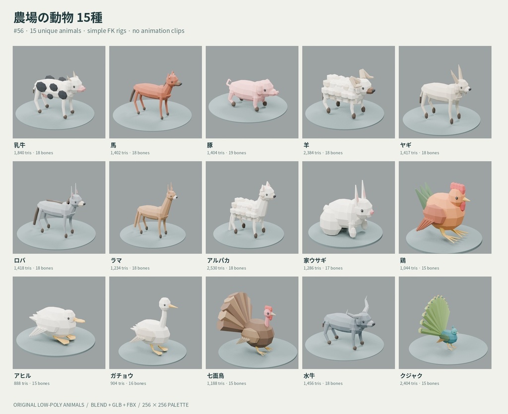 【ローポリ3Dモデル35点・リグ付き】日本の動物20種+農場の動物15種 Animals 35 Rigged|BLEND・FBX・GLB同梱