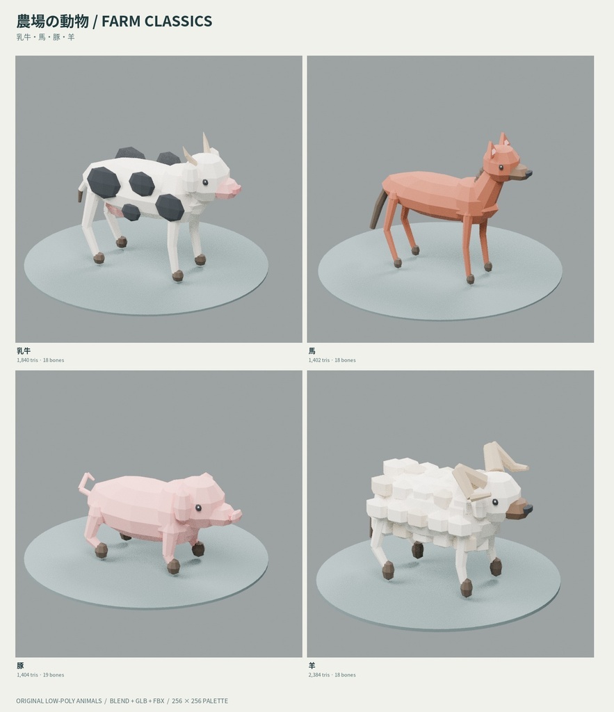 【ローポリ3Dモデル35点・リグ付き】日本の動物20種+農場の動物15種 Animals 35 Rigged|BLEND・FBX・GLB同梱