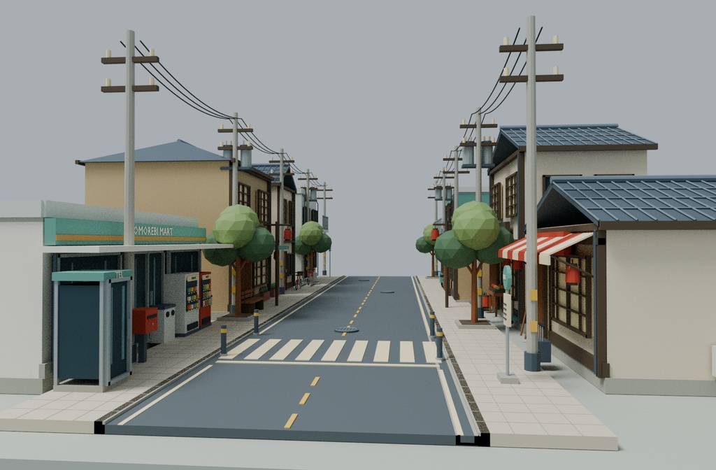 【ローポリ3Dモデル150点】日本の街並みキット 商店街・民家・道路・電柱・自販機・街路小物 Japanese Town Pack 150|BLEND・FBX・GLB同梱