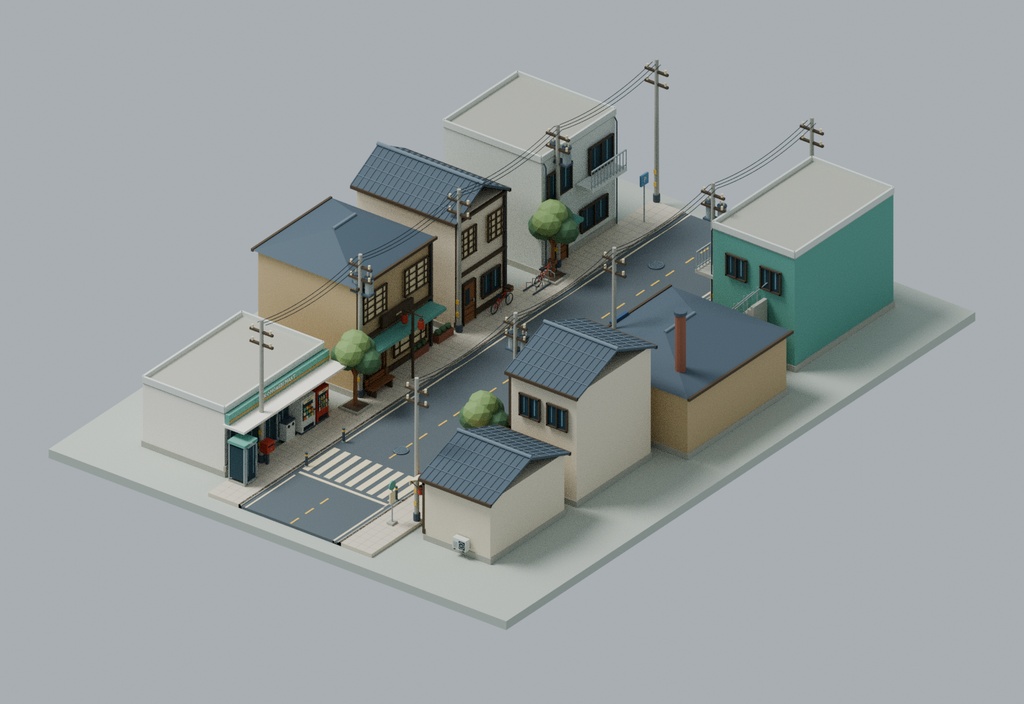 【ローポリ3Dモデル150点】日本の街並みキット 商店街・民家・道路・電柱・自販機・街路小物 Japanese Town Pack 150｜BLEND・FBX・GLB同梱