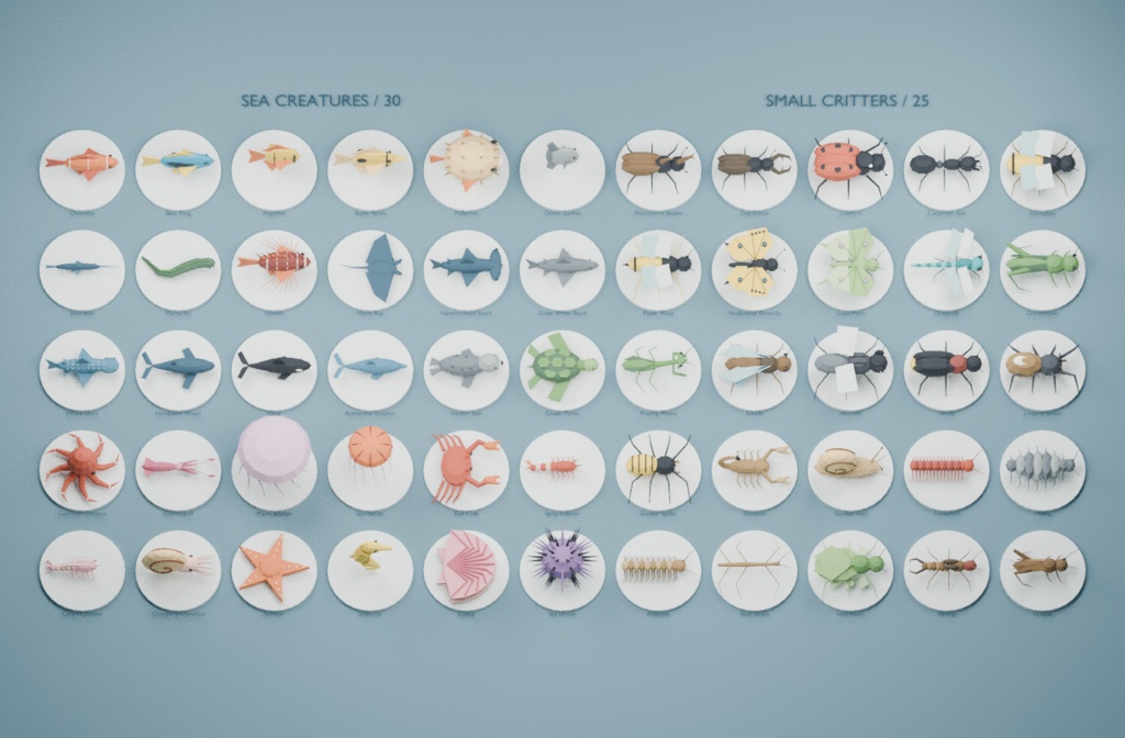 【ローポリ3Dモデル55点】海の生物30種+昆虫・小さな生物25種 TIDE & TINY|BLEND・FBX・GLB同梱