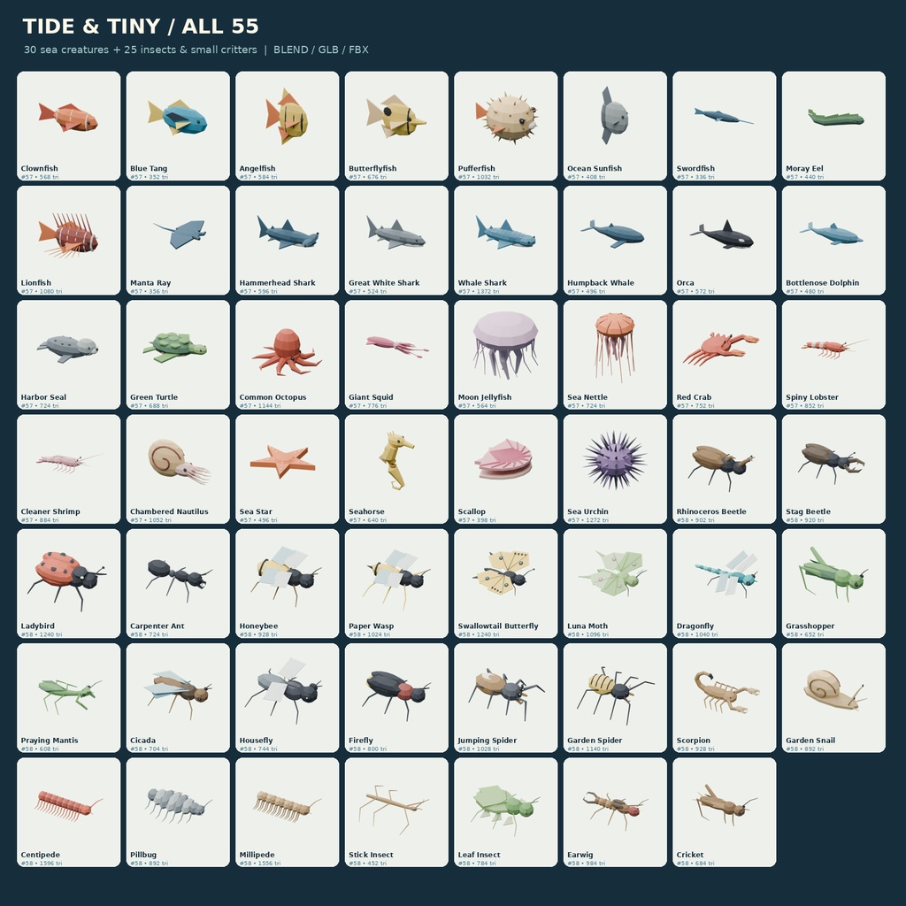 【ローポリ3Dモデル55点】海の生物30種＋昆虫・小さな生物25種 TIDE & TINY｜BLEND・FBX・GLB同梱