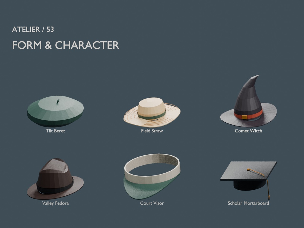 【ローポリ3Dモデル53点】帽子20種・傘10種・バッグ15種・靴8種 ATELIER 53 Wearables|BLEND・FBX・GLB同梱