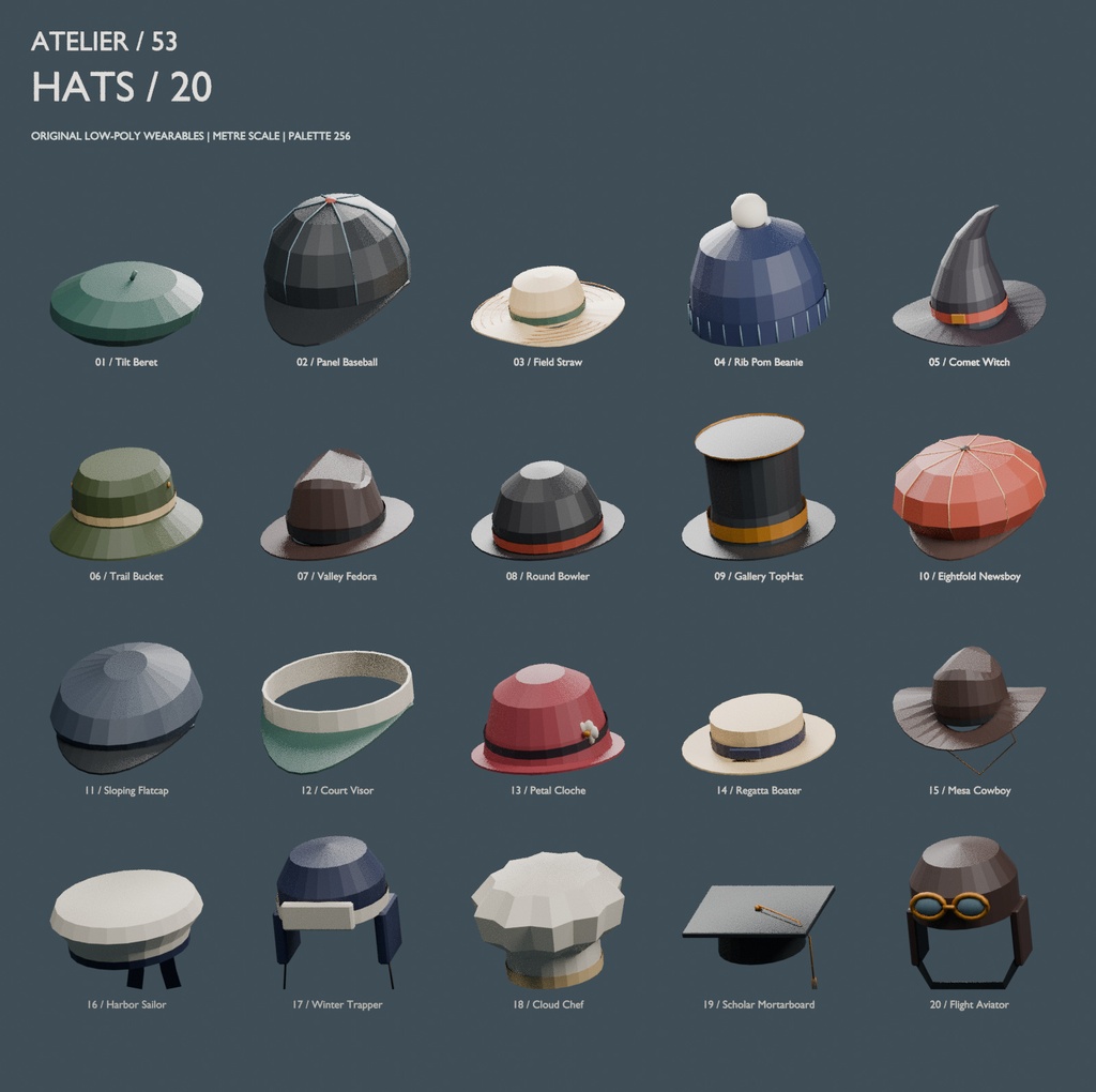 【ローポリ3Dモデル53点】帽子20種・傘10種・バッグ15種・靴8種 ATELIER 53 Wearables|BLEND・FBX・GLB同梱