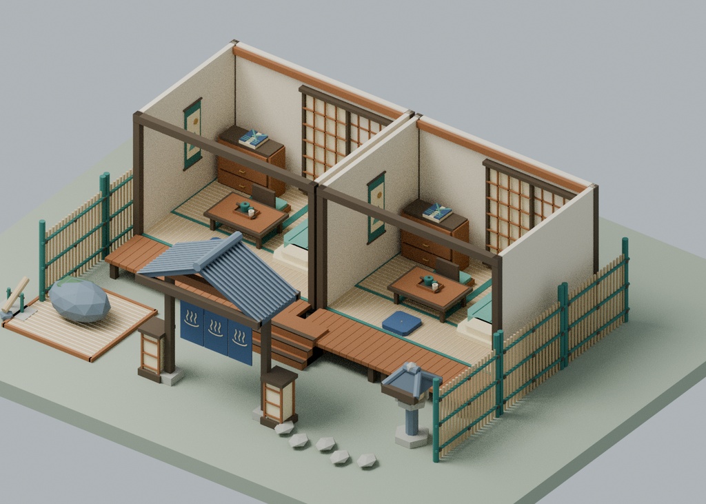 【ローポリ3Dモデル100点】温泉・旅館セット 檜風呂・畳・障子・布団・暖簾・竹垣 YUNAGI Onsen & Ryokan 100|BLEND・FBX・GLB同梱