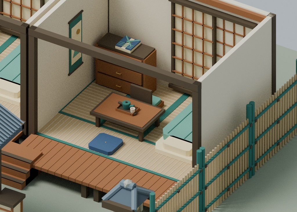 【ローポリ3Dモデル100点】温泉・旅館セット 檜風呂・畳・障子・布団・暖簾・竹垣 YUNAGI Onsen & Ryokan 100|BLEND・FBX・GLB同梱