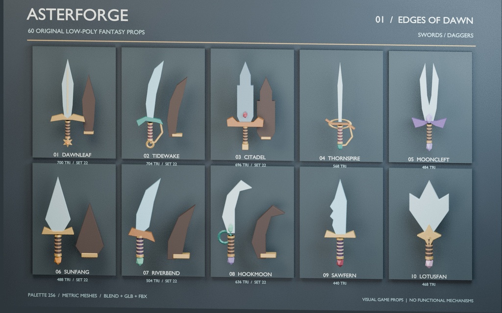 【ローポリ3Dモデル60点】ファンタジー武器セット 剣・斧・槍・杖・弓・盾・ブラスター Asterforge Fantasy 60|BLEND・FBX・GLB同梱