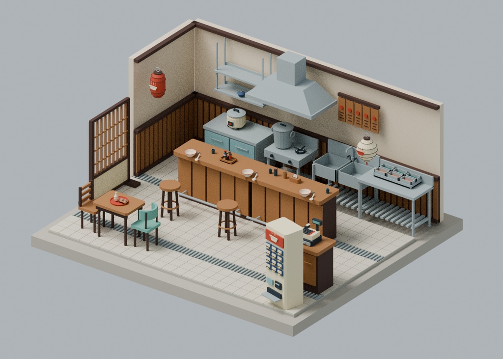【ローポリ3Dモデル100点】ラーメン店・居酒屋80＋カフェ・バー20 什器・厨房・食器・暖簾・提灯 AKARI Restaurants｜BLEND・FBX・GLB同梱