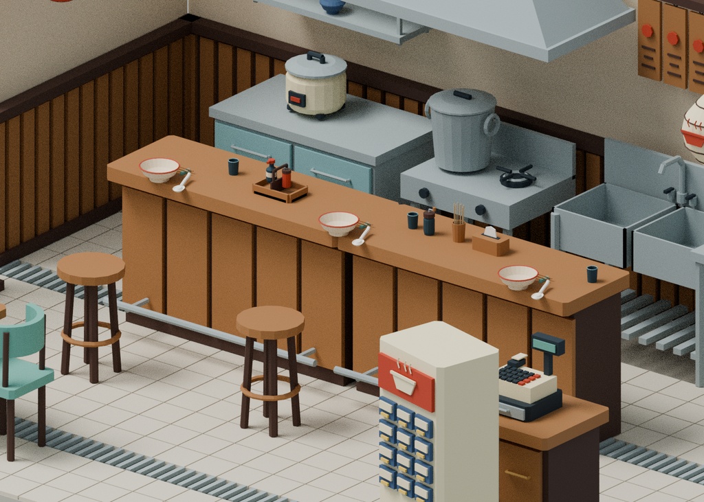 【ローポリ3Dモデル100点】ラーメン店・居酒屋80+カフェ・バー20 什器・厨房・食器・暖簾・提灯 AKARI Restaurants|BLEND・FBX・GLB同梱
