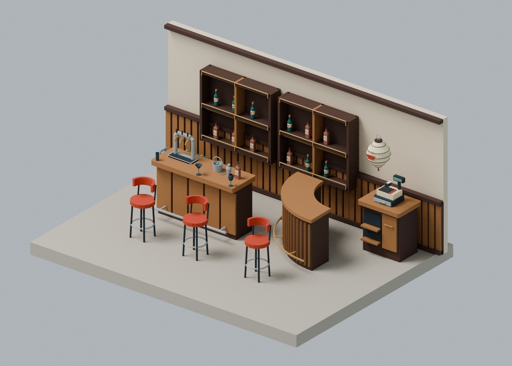 【ローポリ3Dモデル100点】ラーメン店・居酒屋80+カフェ・バー20 什器・厨房・食器・暖簾・提灯 AKARI Restaurants|BLEND・FBX・GLB同梱