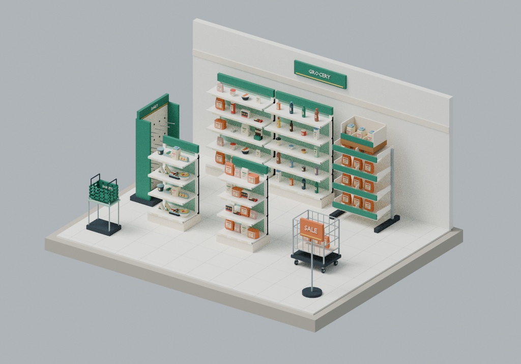 【ローポリ3Dモデル120点】コンビニ内装・什器・商品・バックヤードセット KOMOREBI Konbini Interior 120|BLEND・FBX・GLB同梱