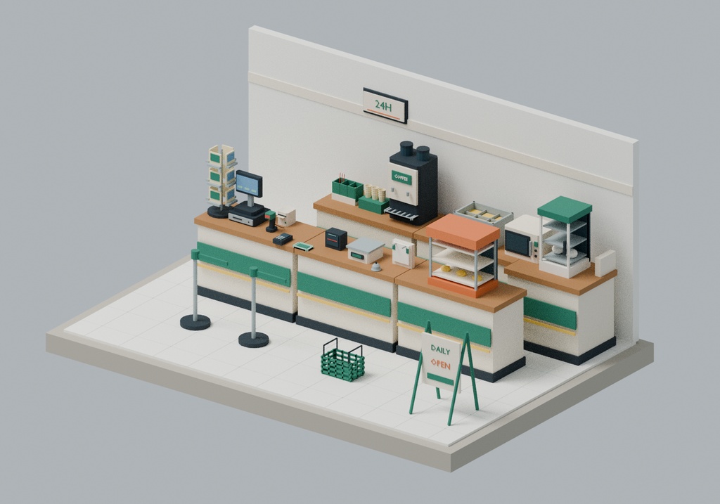 【ローポリ3Dモデル120点】コンビニ内装・什器・商品・バックヤードセット KOMOREBI Konbini Interior 120|BLEND・FBX・GLB同梱