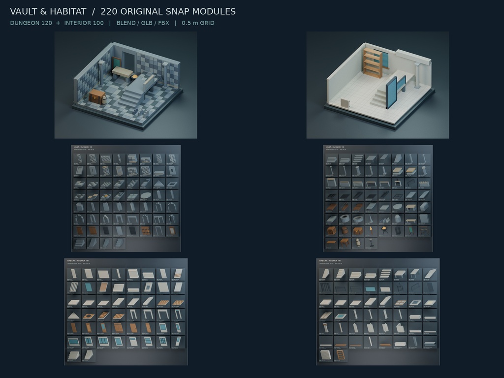 【ローポリ3Dモデル220点】モジュラー建築キット ダンジョン120＋内装100 Vault & Habitat Modular Kit｜BLEND・FBX・GLB同梱