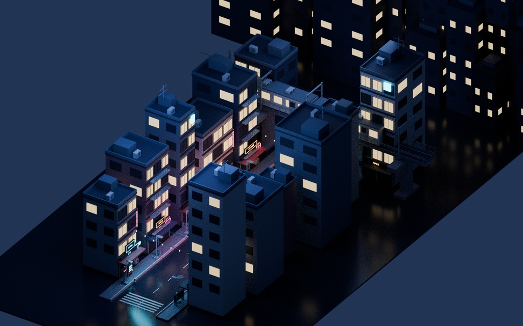 【ローポリ3Dモデル120点】日本の夜景・ネオン看板・雑居ビル・路地・高架鉄道 AOI AFTERHOURS Tokyo Night 120|BLEND・FBX・GLB同梱