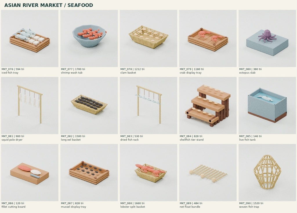 【ローポリ3Dモデル150点】アジアの川辺市場・屋台・店先・陳列・商い舟セット Asian Market Pack 150|BLEND・FBX・GLB同梱